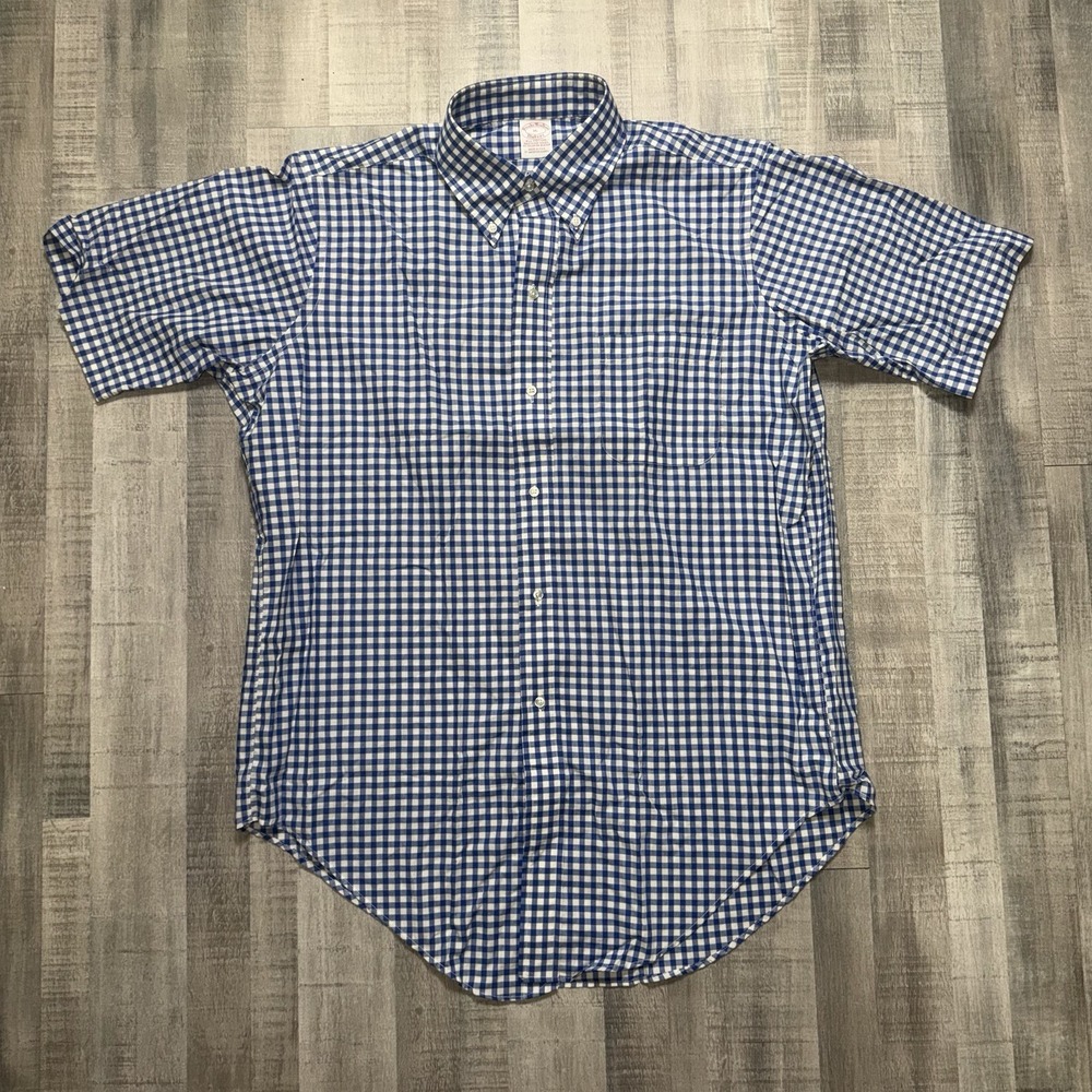 VTG 1990s Brooks Brothers Makers Mens Blue White Gingham Check Relaxed Fit 16 L